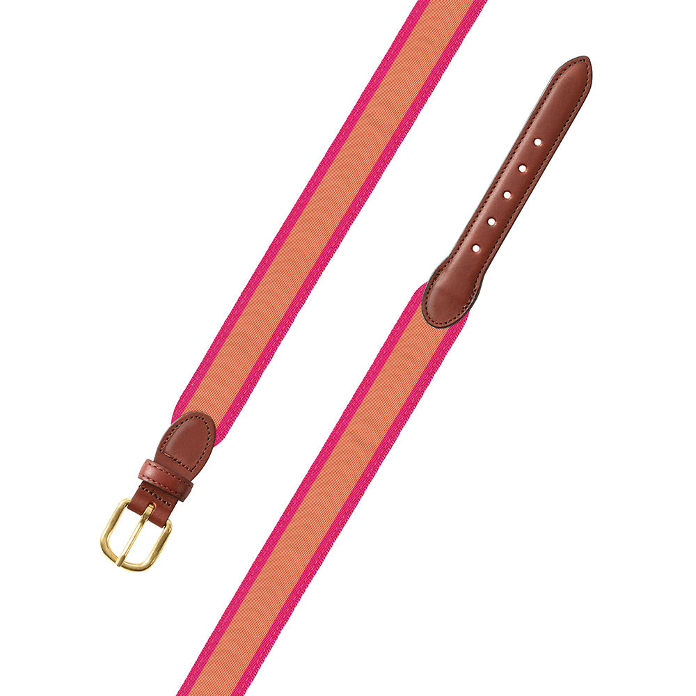 Salmon &amp; Pink Grosgrain Ribbon Leather Tab Belt