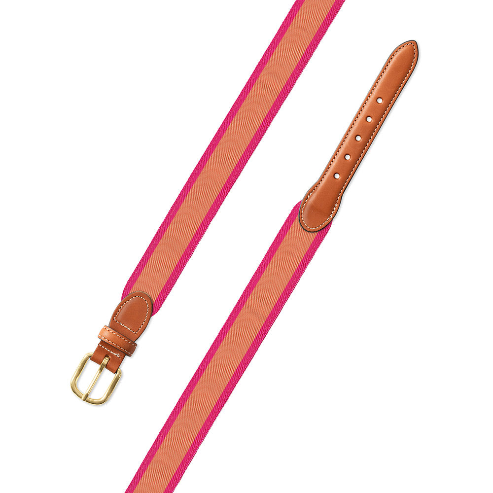Salmon &amp; Pink Grosgrain Ribbon Leather Tab Belt