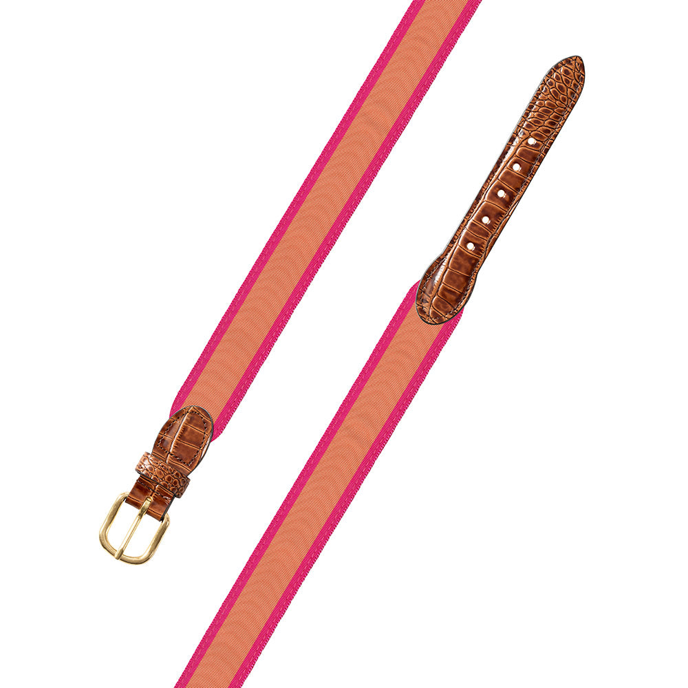 Salmon &amp; Pink Grosgrain Ribbon Leather Tab Belt