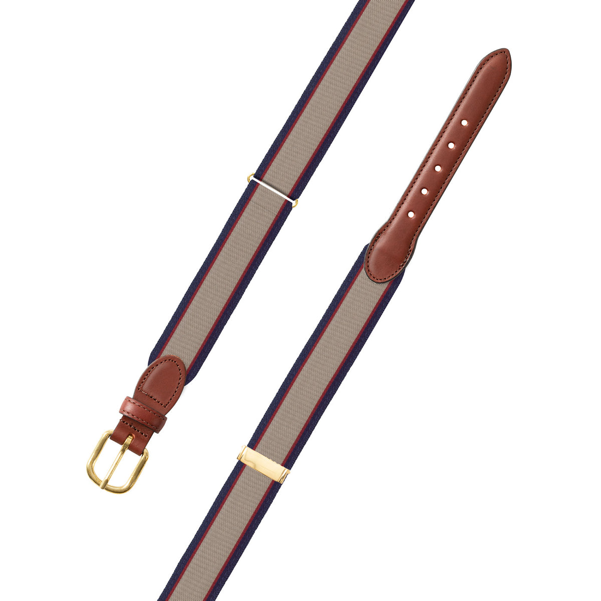 Adjustable Tan, Burgundy &amp; Navy Grosgrain Belt with Brown Leather Tabs