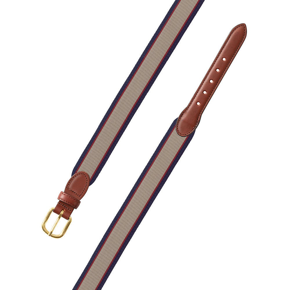 Tan, Burgundy &amp; Navy Grosgrain Ribbon Leather Tab Belt
