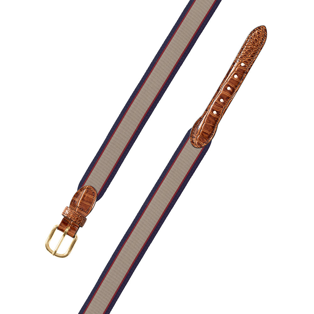 Tan, Burgundy &amp; Navy Grosgrain Ribbon Leather Tab Belt