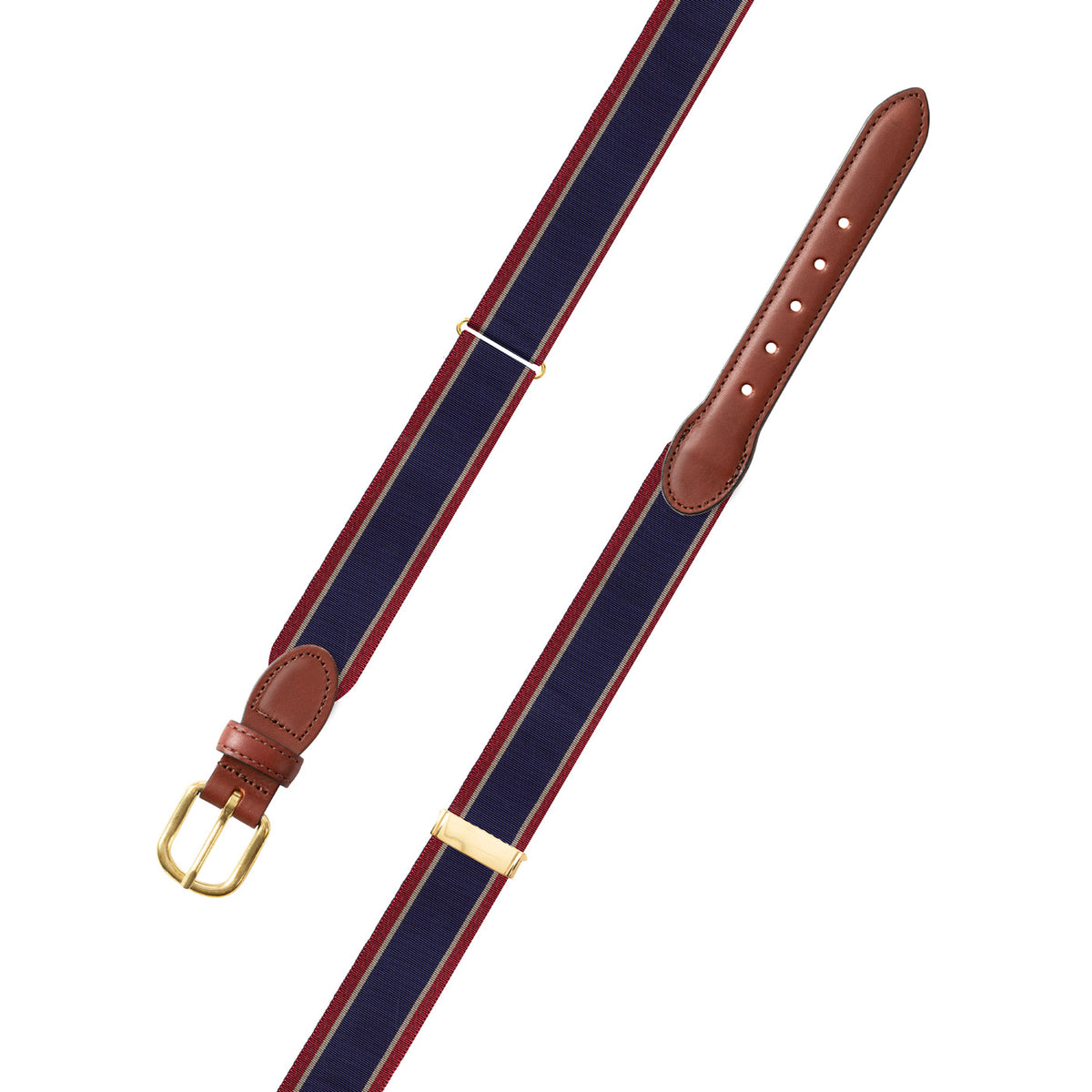 Adjustable Navy, Tan &amp; Burgundy Grosgrain Belt with Brown Leather Tabs