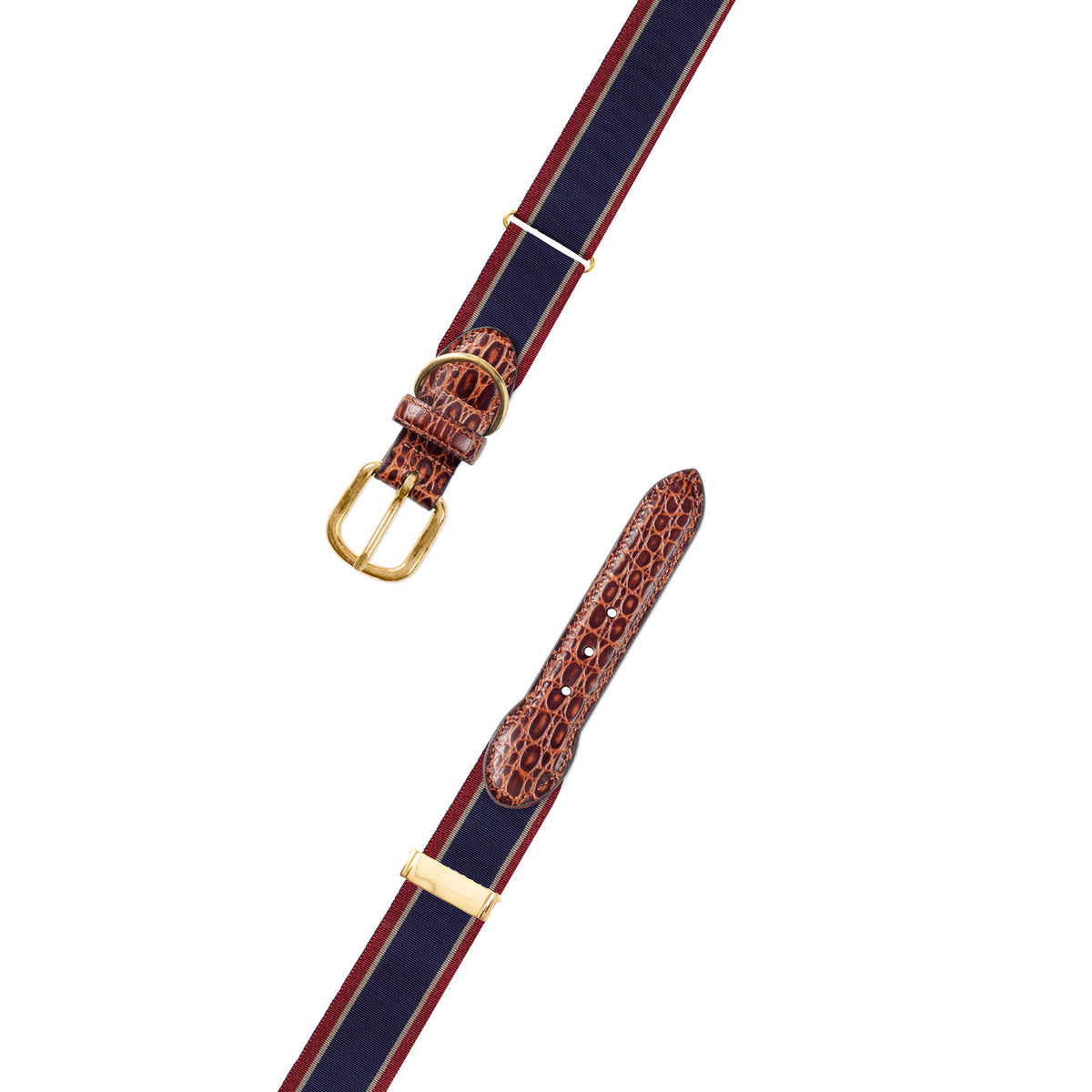 Adjustable Navy, Tan &amp; Burgundy Grosgrain Dog Collar with Embossed Calf Tabs