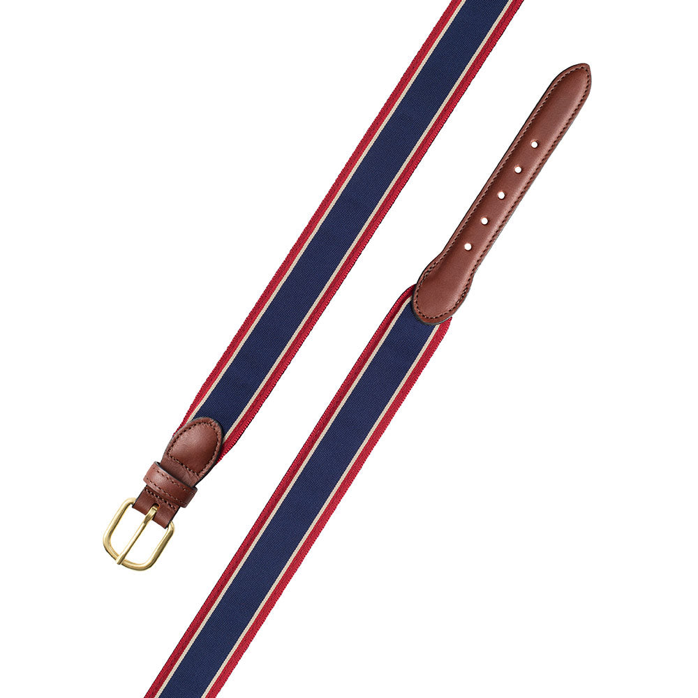 Navy, Tan &amp; Burgundy Grosgrain Ribbon Leather Tab Belt