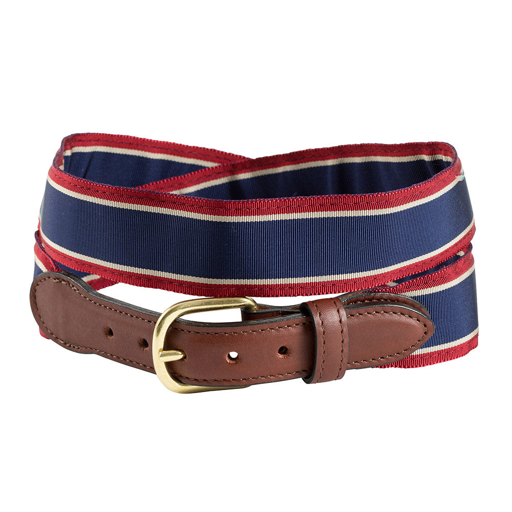 Navy, Tan &amp; Burgundy Grosgrain Ribbon Leather Tab Belt