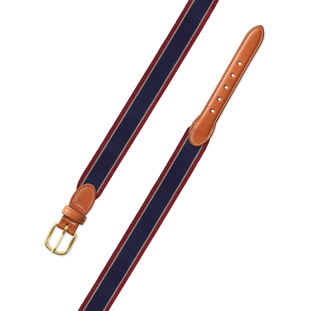 Navy, Tan &amp; Burgundy Grosgrain Ribbon Leather Tab Belt