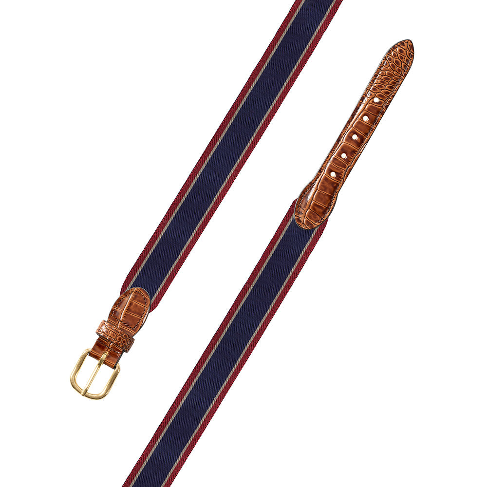 Navy, Tan &amp; Burgundy Grosgrain Ribbon Leather Tab Belt