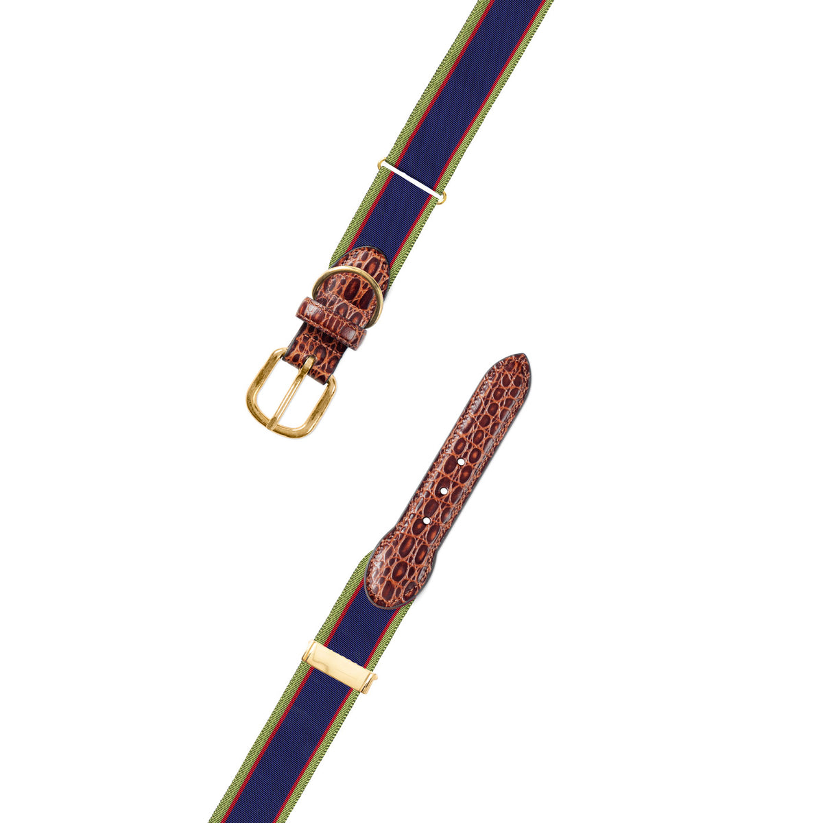 Adjustable Blue, Red &amp; Green Grosgrain Dog Collar with Embossed Calf Tabs
