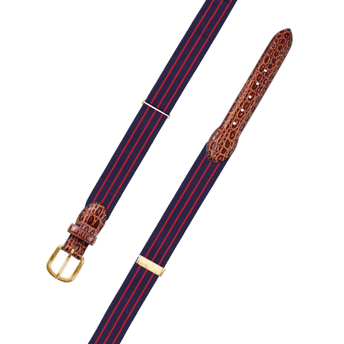 Adjustable Navy &amp; Thin Red Stripe Grosgrain Belt with Embossed Calf Tabs