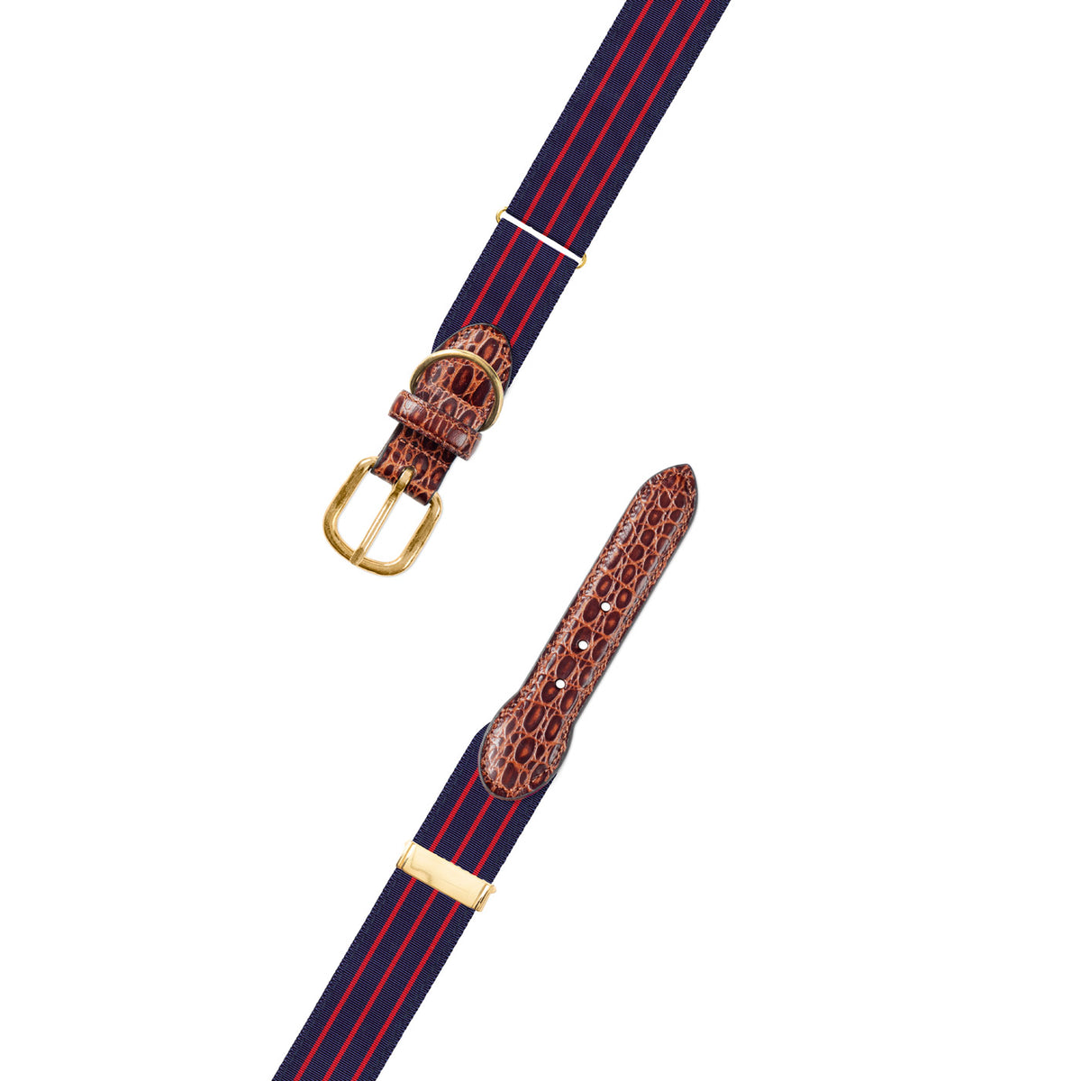 Adjustable Navy &amp; Thin Red Stripe Grosgrain Dog Collar with Embossed Calf Tabs