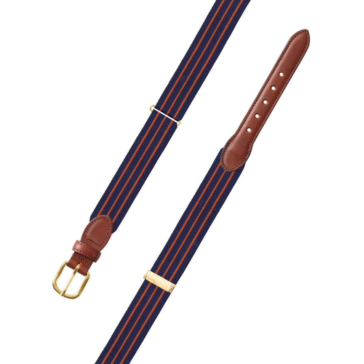 Adjustable Navy &amp; Thin Orange Stripe Grosgrain Belt with Brown Leather Tabs