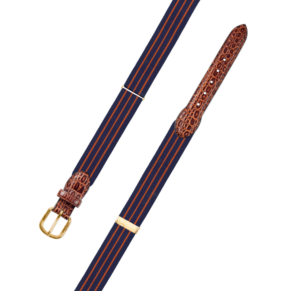 Adjustable Navy &amp; Thin Orange Stripe Grosgrain Belt with Embossed Calf Tabs