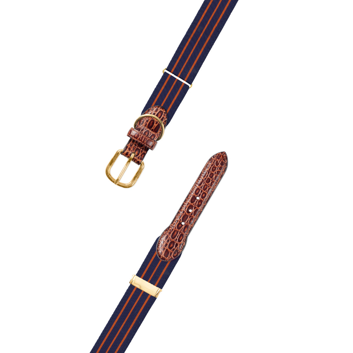 Adjustable Navy &amp; Thin Orange Stripe Grosgrain Dog Collar with Embossed Calf Tabs