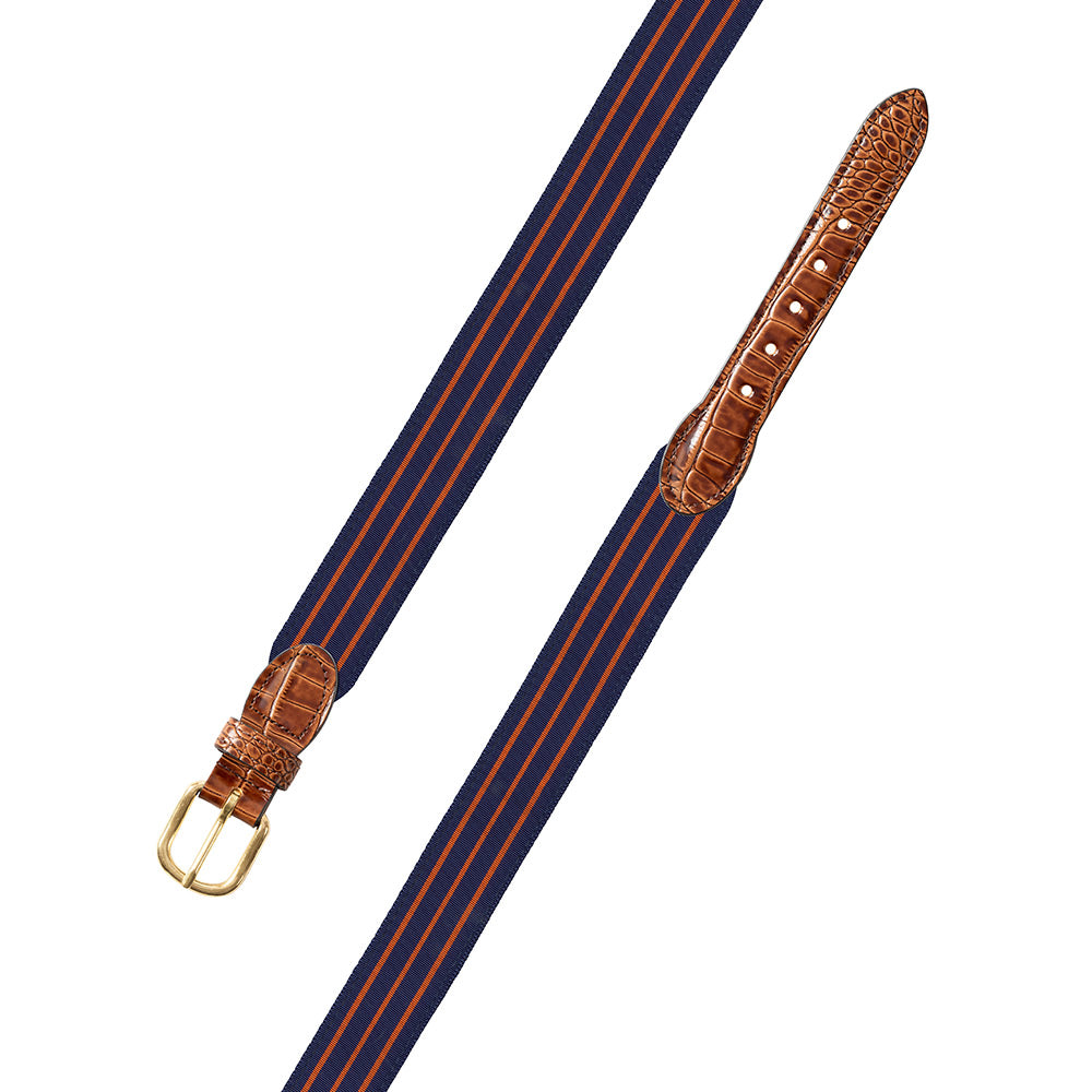 Navy &amp; Thin Orange Stripe Grosgrain Ribbon Leather Tab Belt