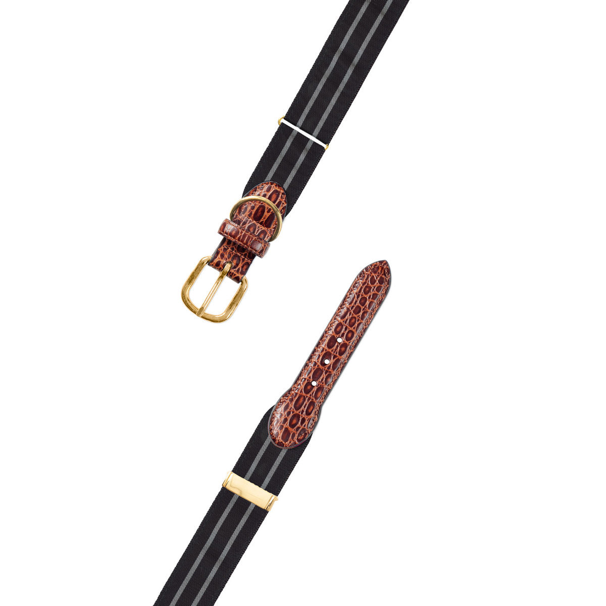 Adjustable Black &amp; Silver Grosgrain Dog Collar with Embossed Calf Tabs
