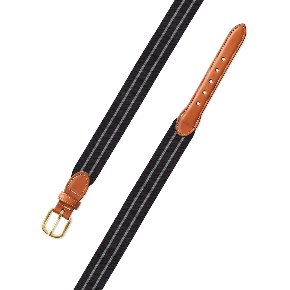 Black &amp; Silver Grosgrain Ribbon Leather Tab Belt