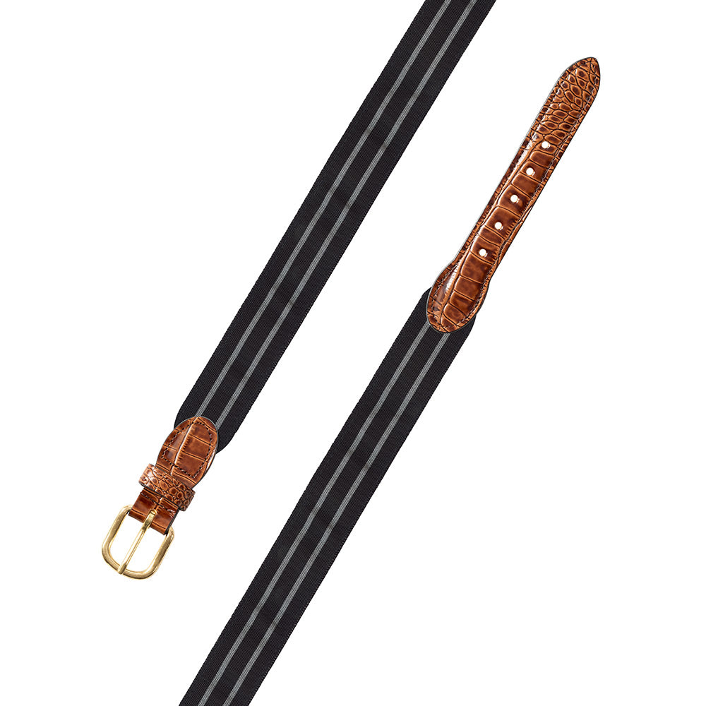 Black &amp; Silver Grosgrain Ribbon Leather Tab Belt