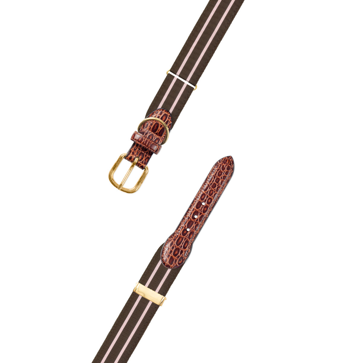 Adjustable Brown &amp; Pale Pink Grosgrain Dog Collar with Embossed Calf Tabs