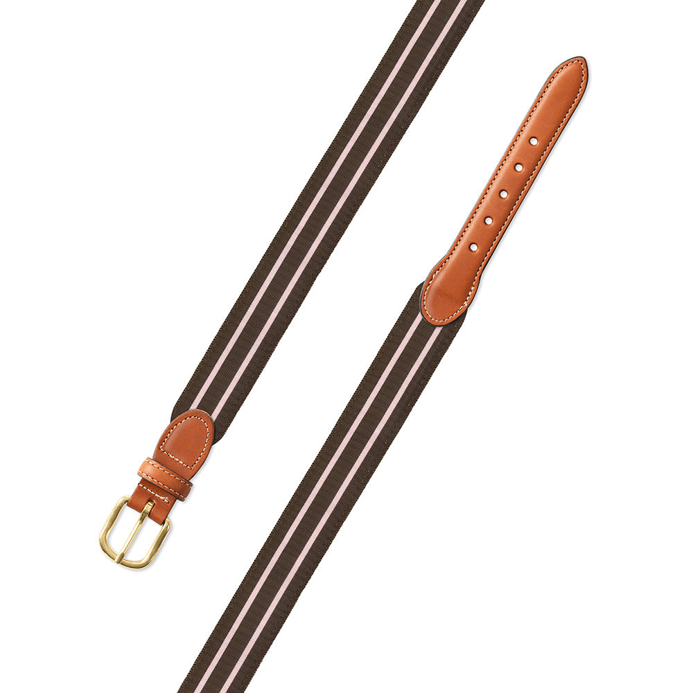 Brown &amp; Pale Pink Grosgrain Ribbon Leather Tab Belt