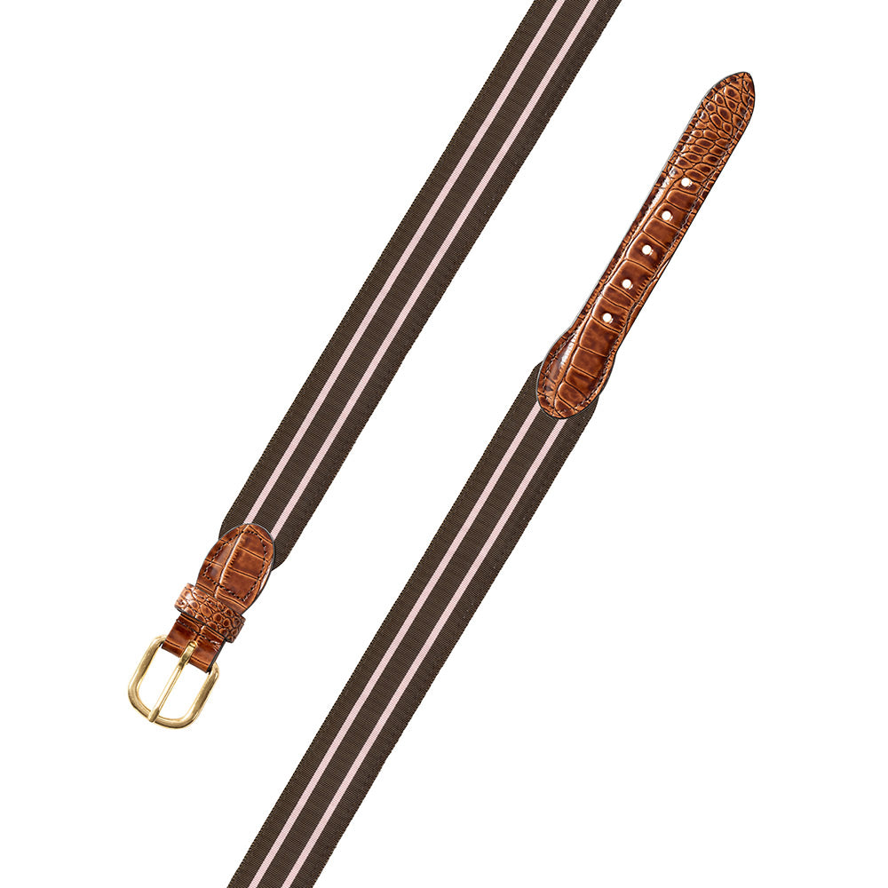 Brown &amp; Pale Pink Grosgrain Ribbon Leather Tab Belt