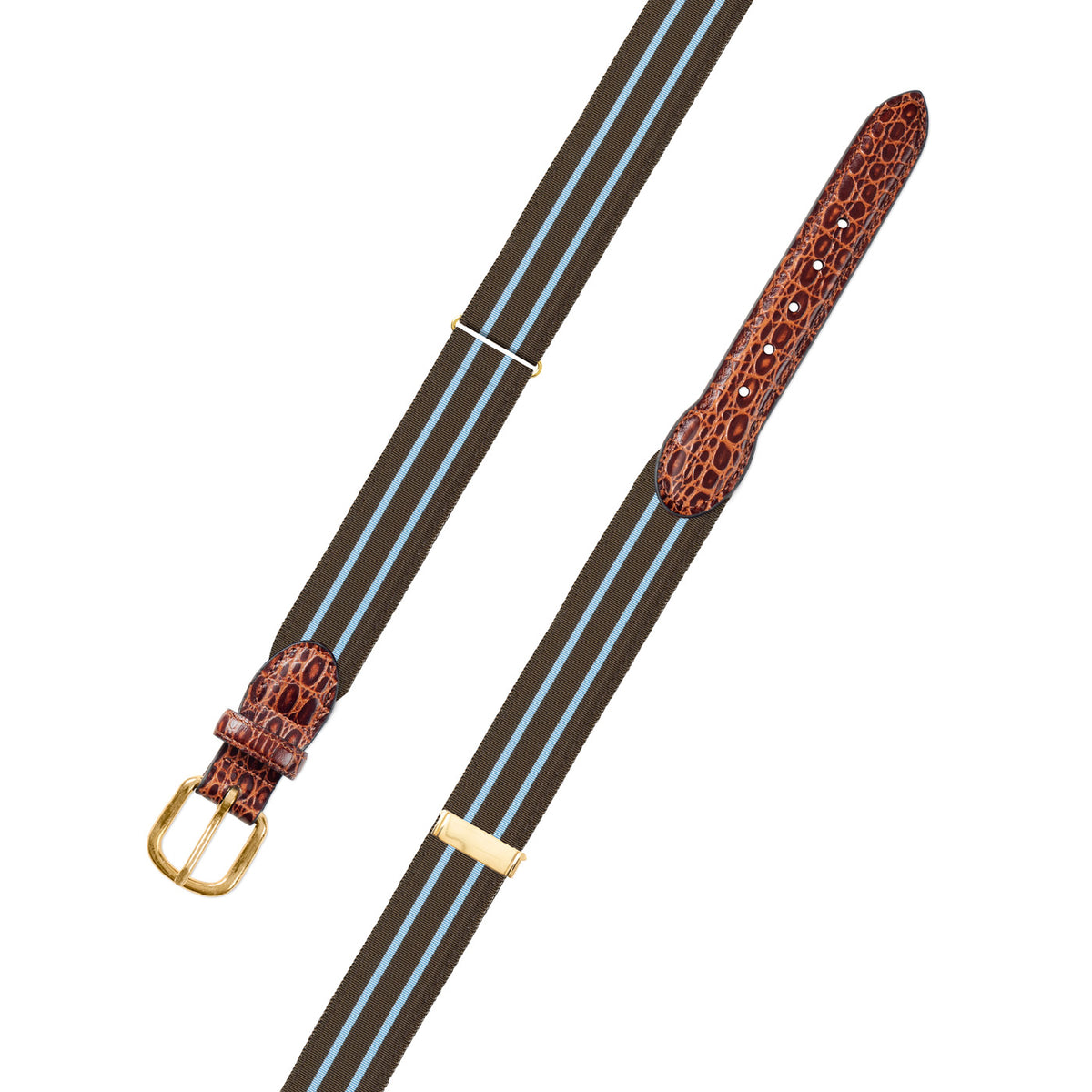 Adjustable Brown &amp; Light Blue Grosgrain Belt with Embossed Calf Tabs