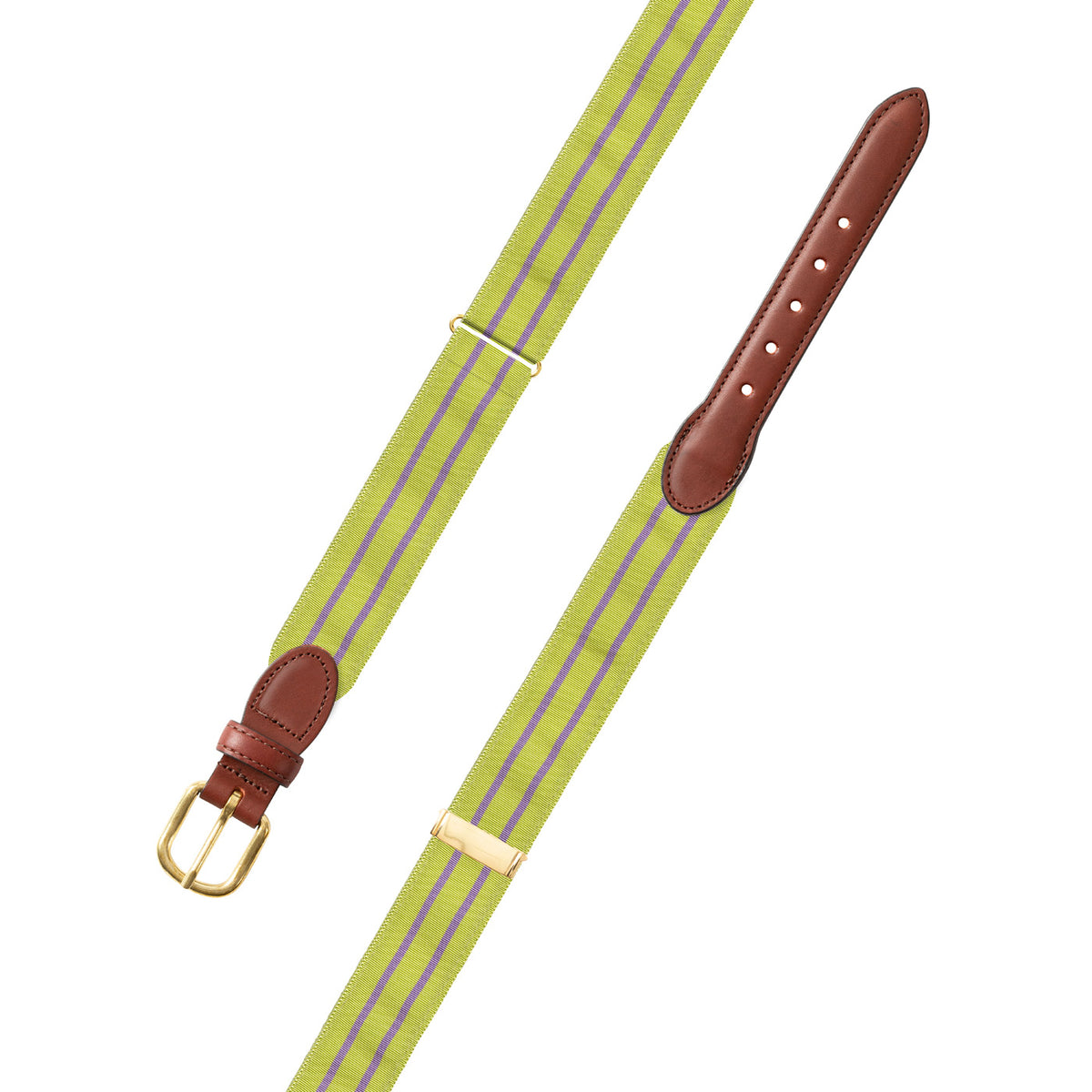 Adjustable Grass Green &amp; Lavender Grosgrain Belt with Brown Leather Tabs
