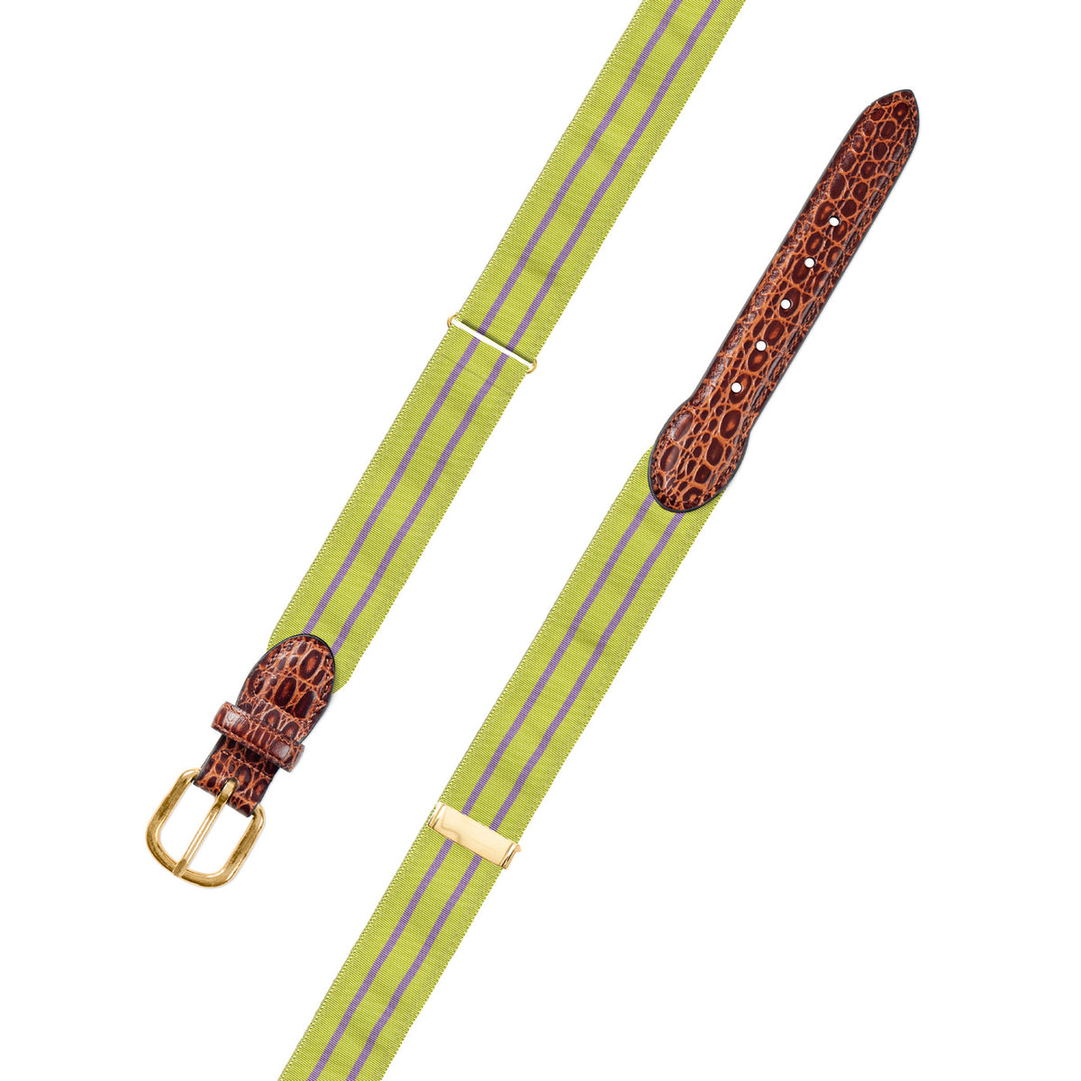 Adjustable Grass Green &amp; Lavender Grosgrain Belt with Embossed Calf Tabs
