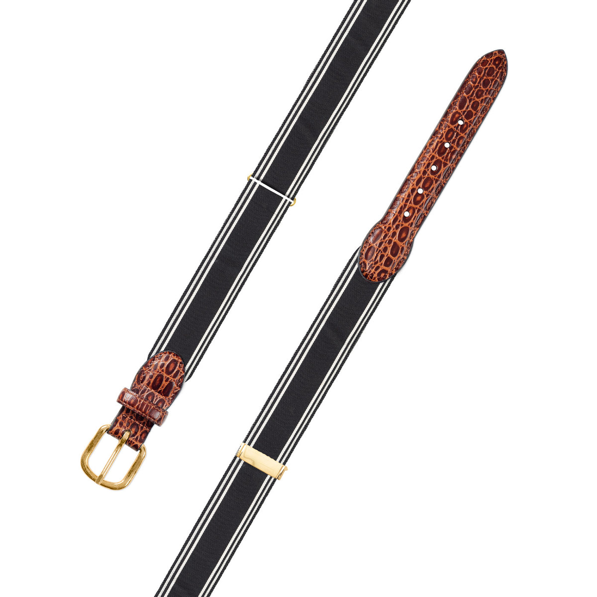Adjustable Black &amp; Thin White Stripe Grosgrain Belt with Embossed Calf Tabs
