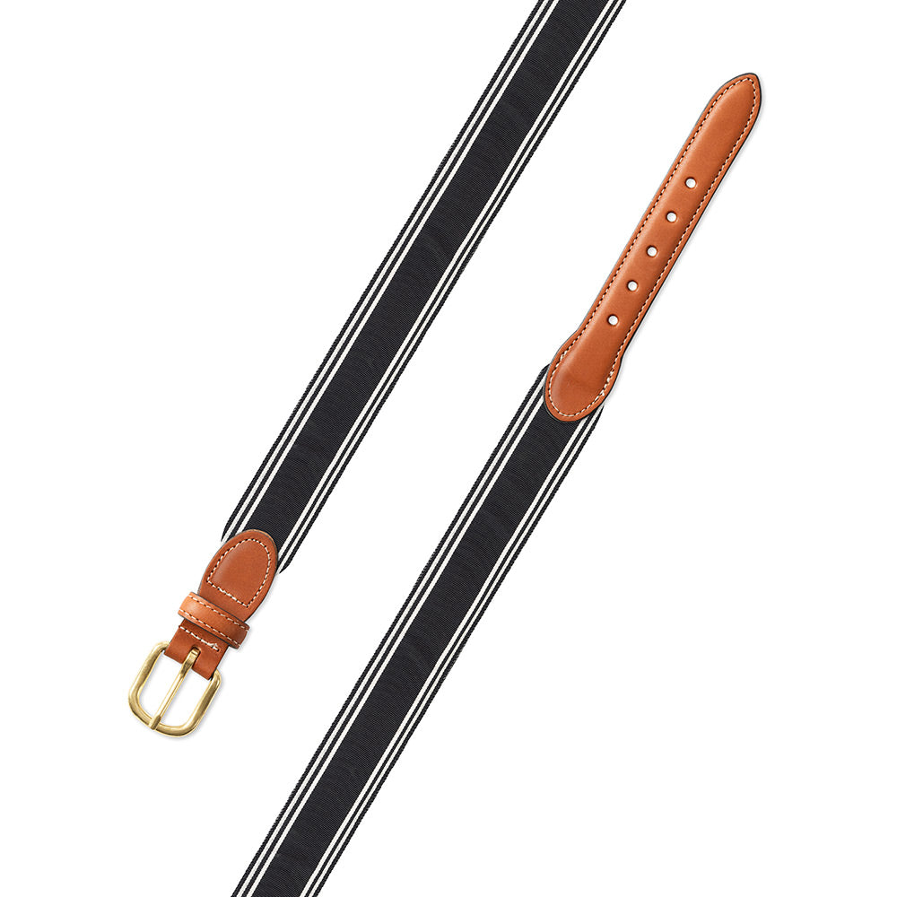 Black &amp; Thin White Stripe Grosgrain Ribbon Leather Tab Belt