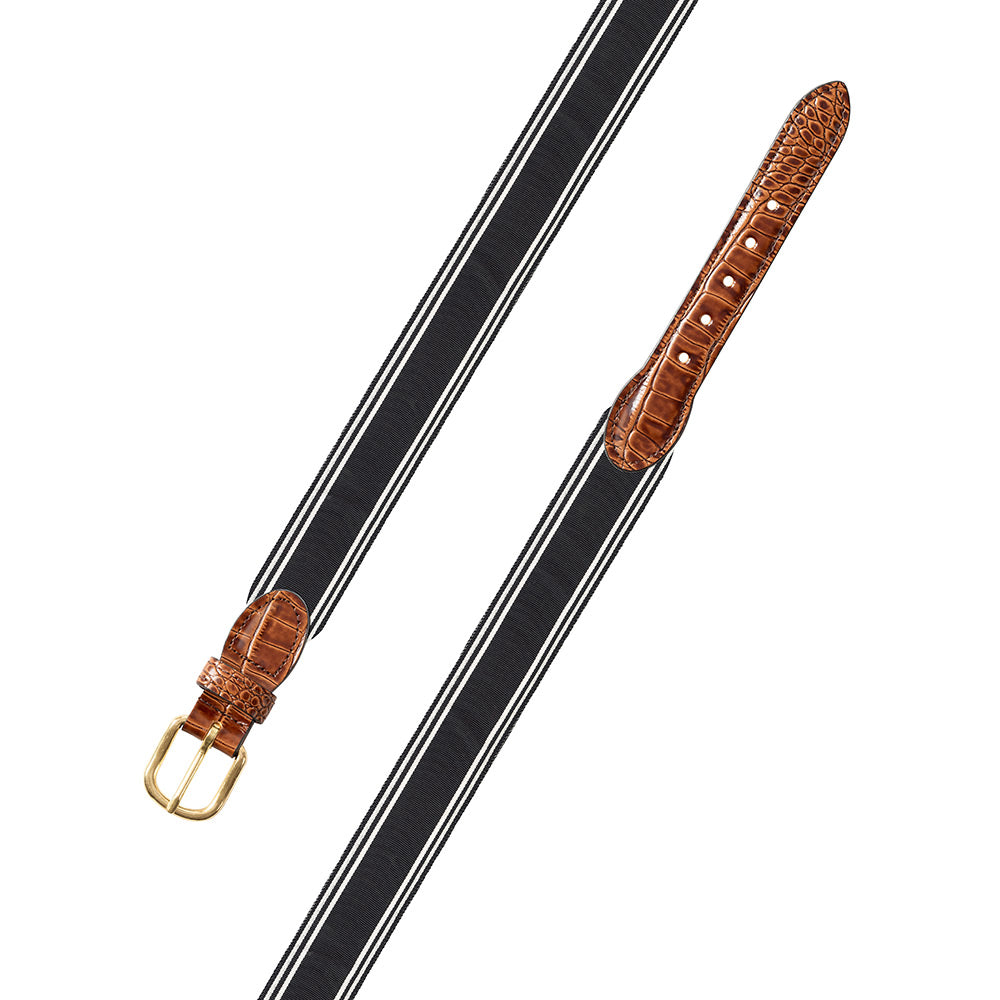 Black &amp; Thin White Stripe Grosgrain Ribbon Leather Tab Belt
