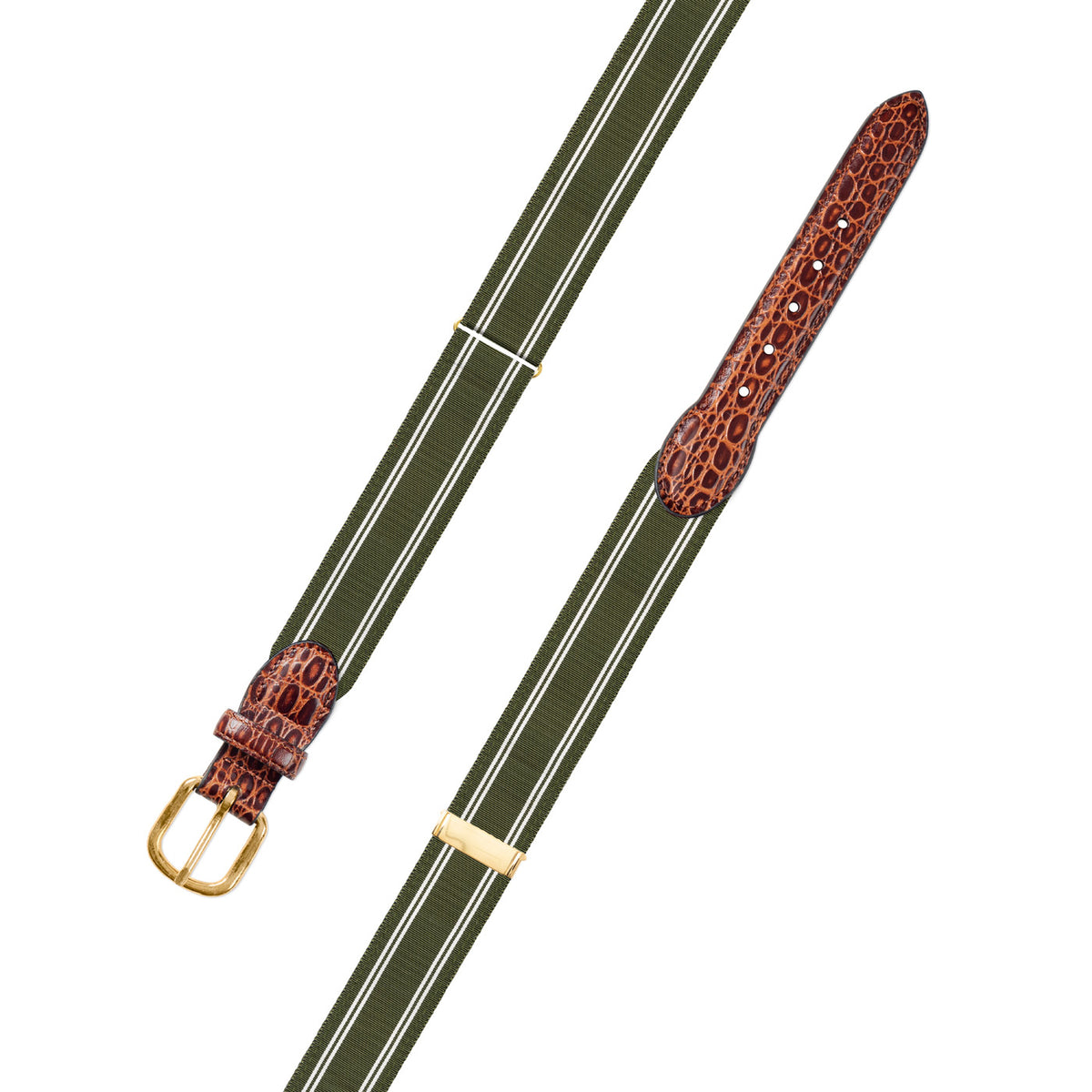 Adjustable Olive &amp; White Grosgrain Belt with Embossed Calf Tabs