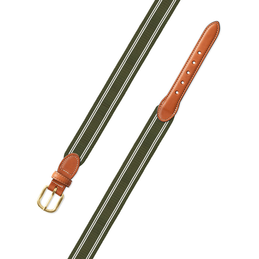 Olive &amp; White Grosgrain Ribbon Leather Tab Belt