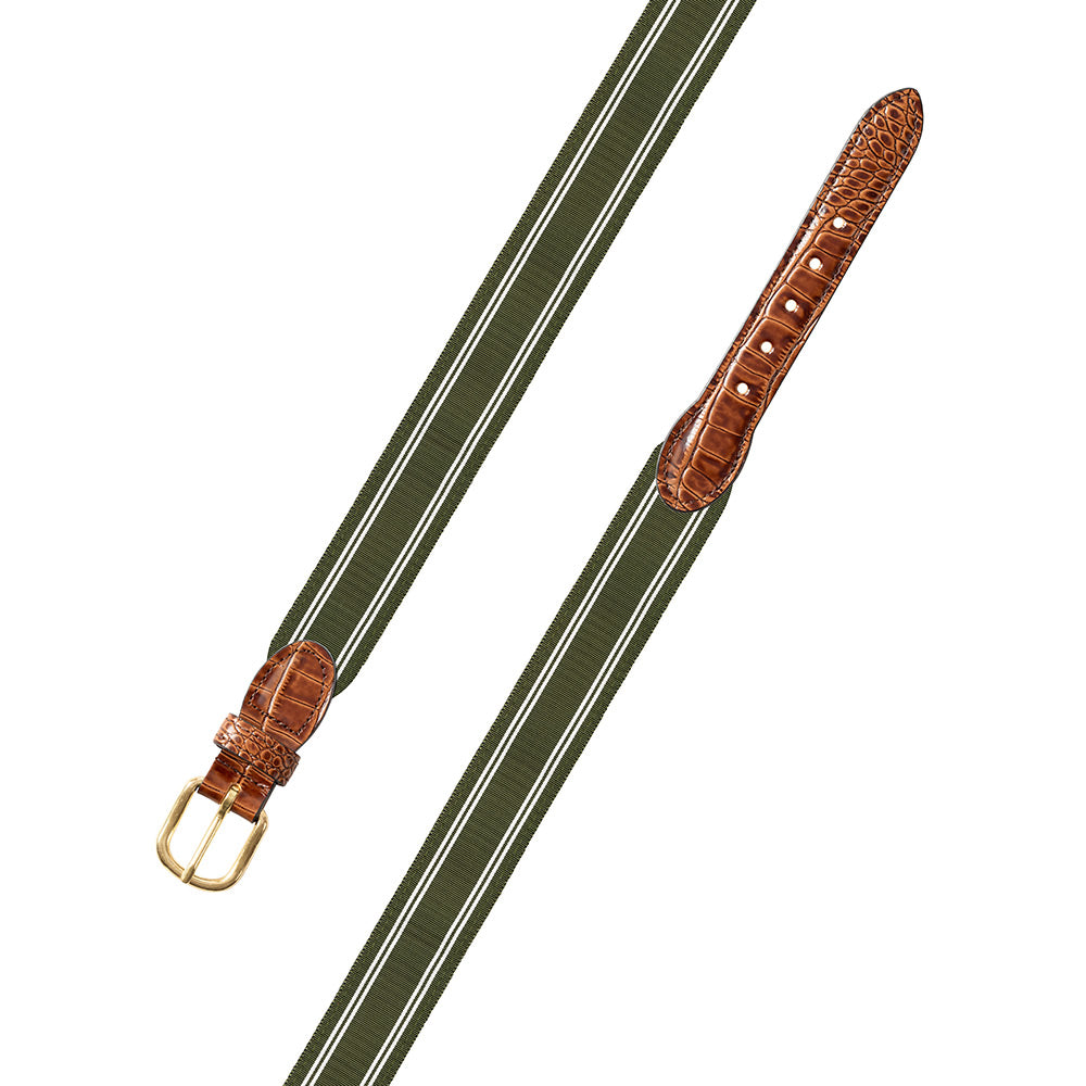 Olive &amp; White Grosgrain Ribbon Leather Tab Belt