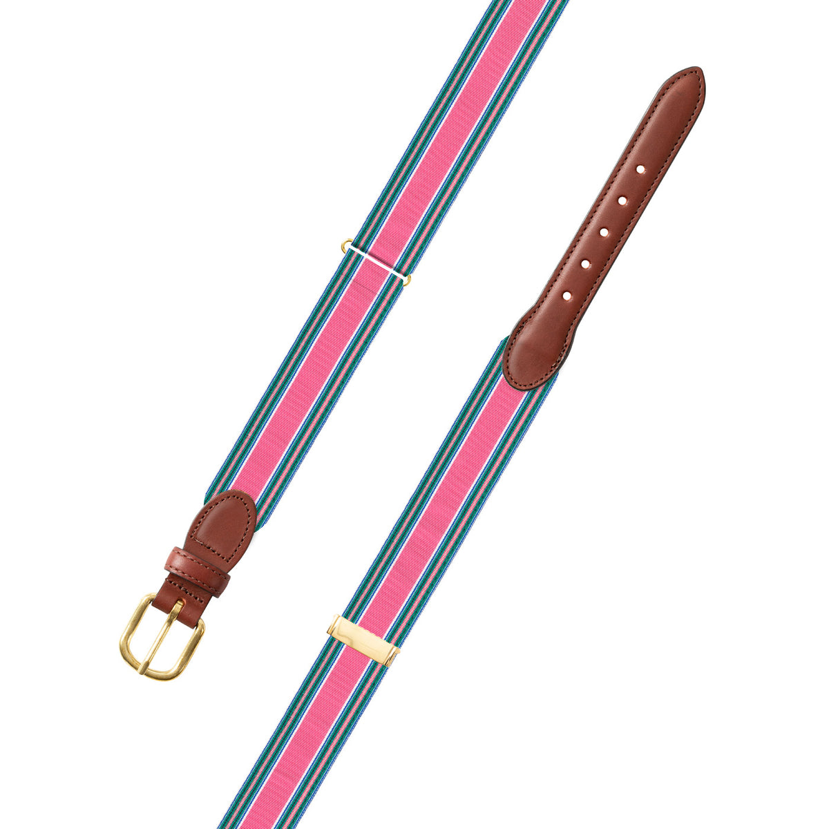 Adjustable Pink Multi Grosgrain Belt with Brown Leather Tabs