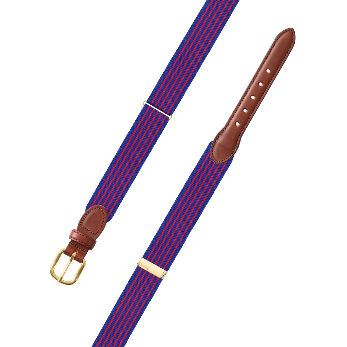 Adjustable Royal Blue &amp; Red Grosgrain Belt with Brown Leather Tabs