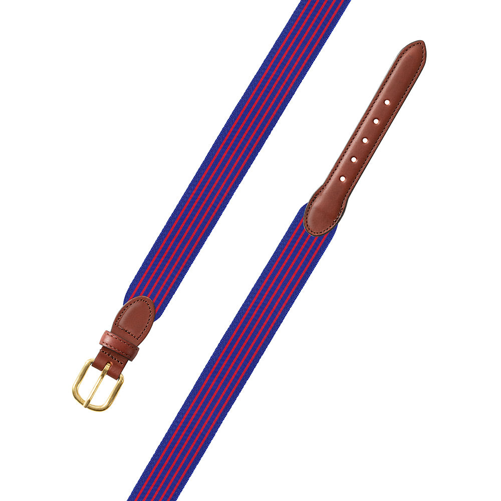 Royal Blue &amp; Red Grosgrain Ribbon Leather Tab Belt