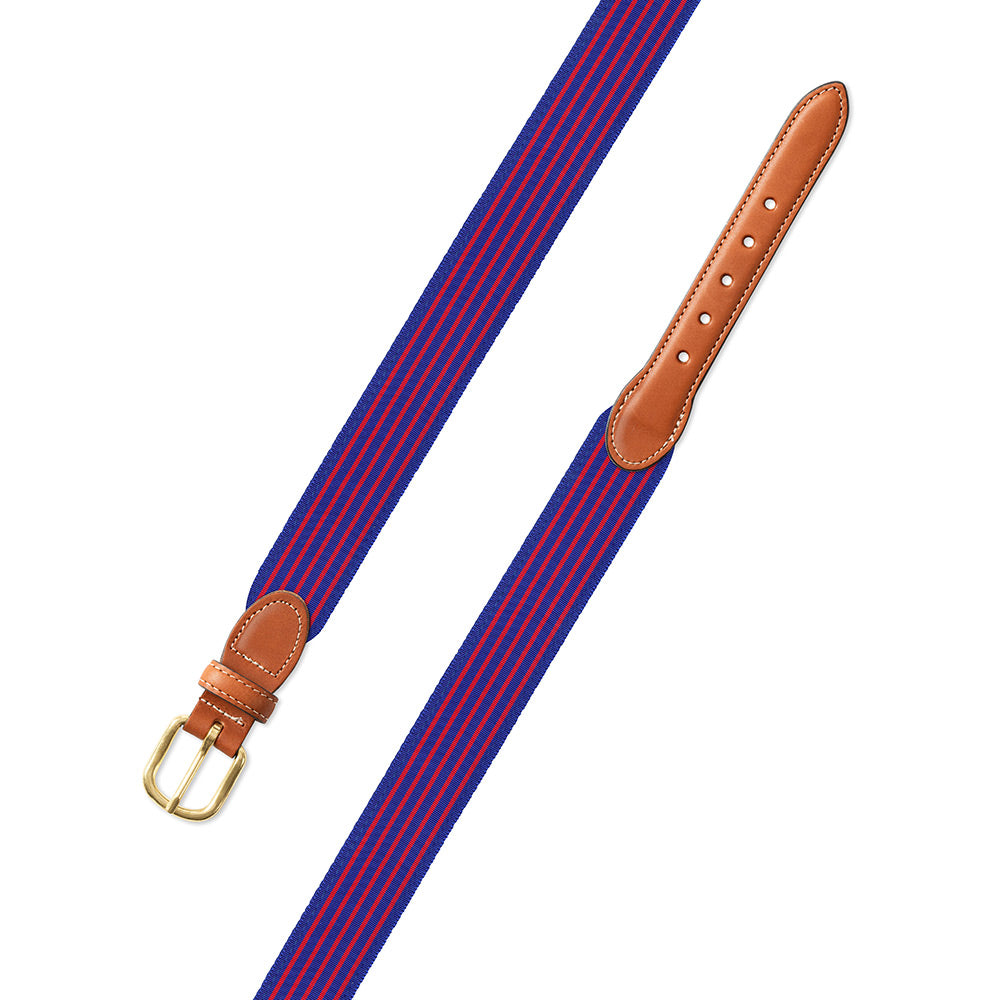 Royal Blue &amp; Red Grosgrain Ribbon Leather Tab Belt