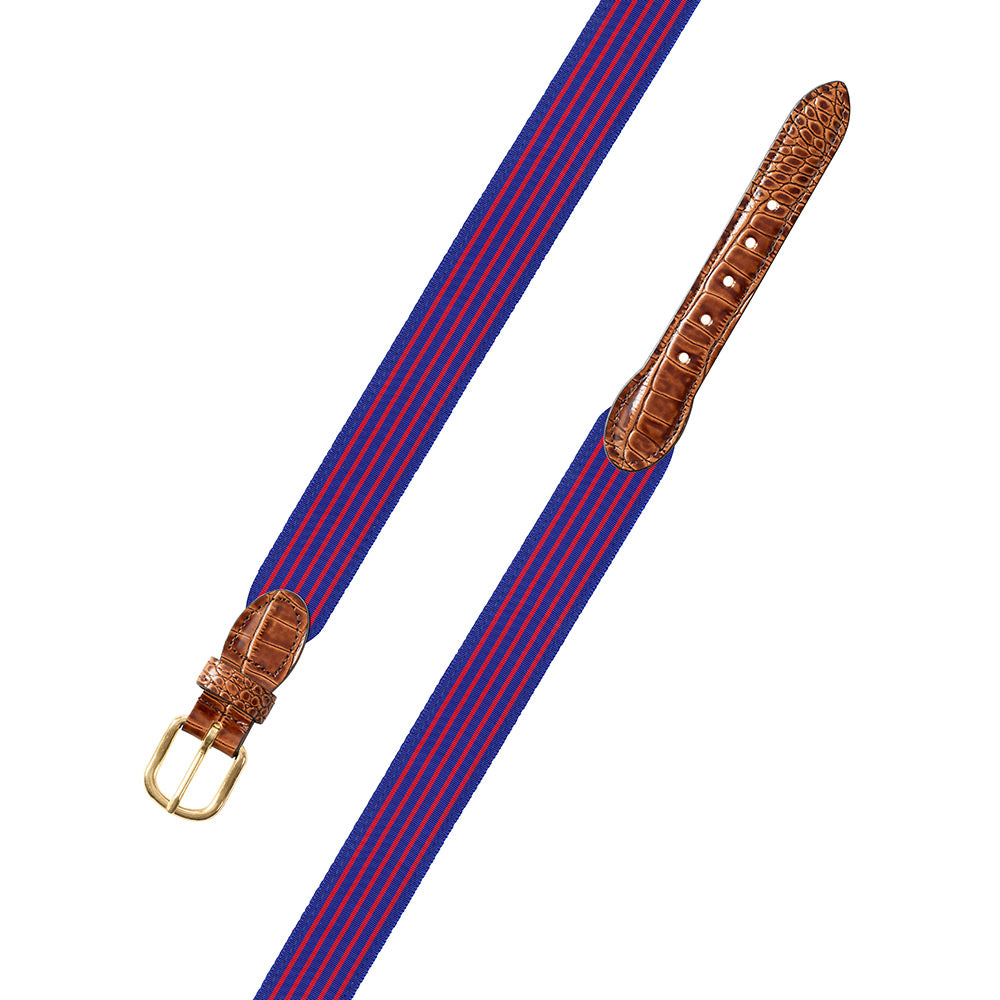 Royal Blue &amp; Red Grosgrain Ribbon Leather Tab Belt