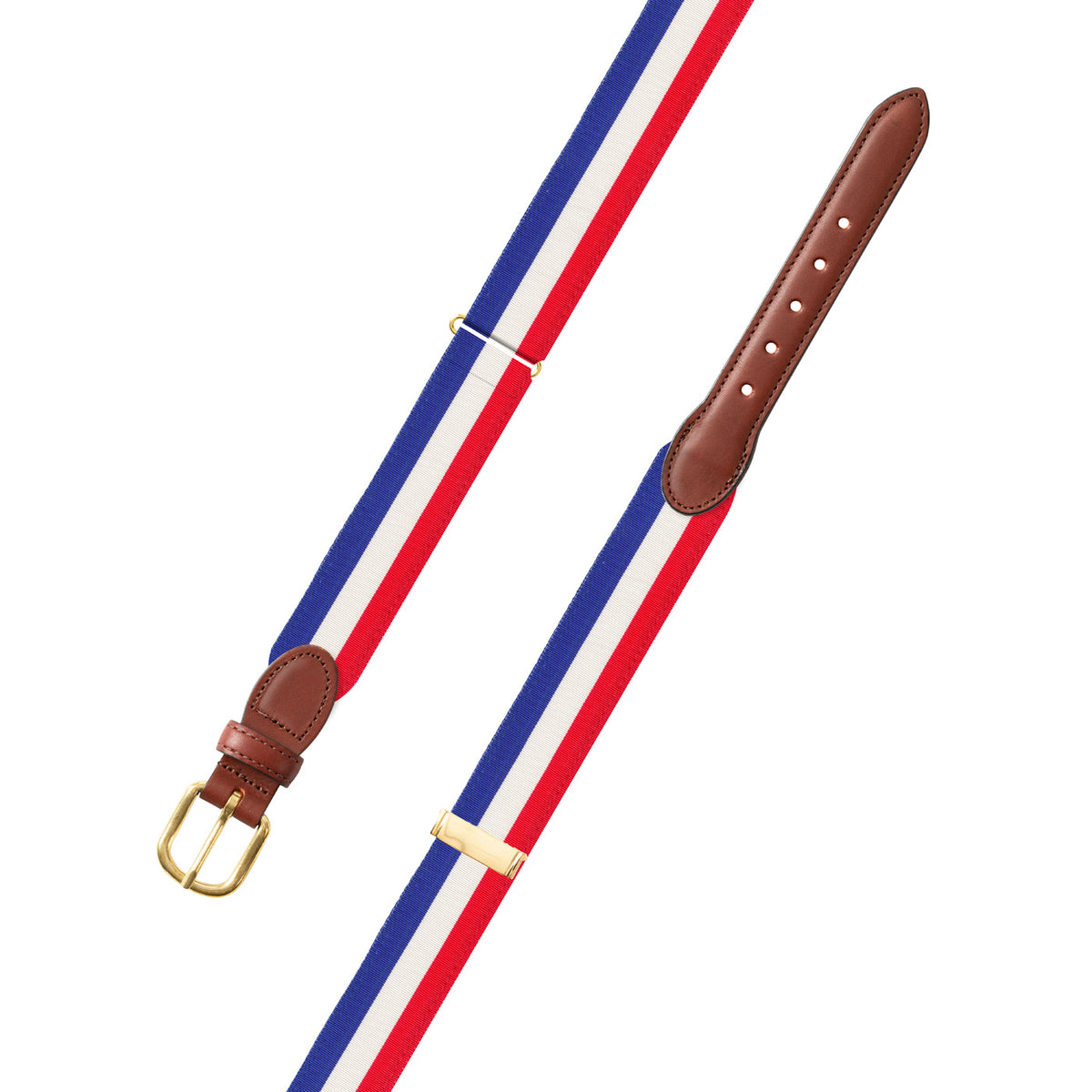 Adjustable Red, White &amp; Blue Grosgrain Belt with Brown Leather Tabs
