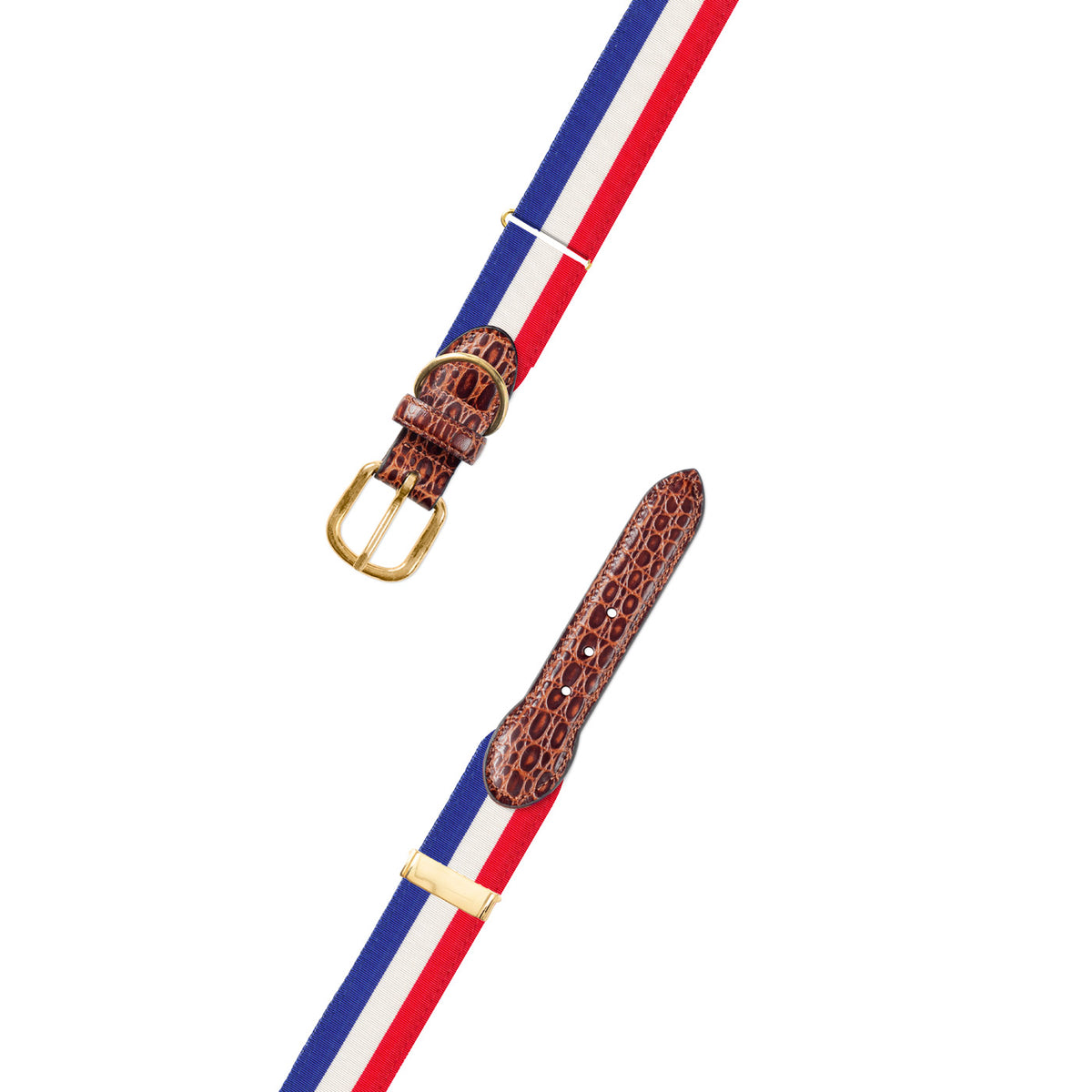 Adjustable Red, White &amp; Blue Grosgrain Dog Collar with Embossed Calf Tabs