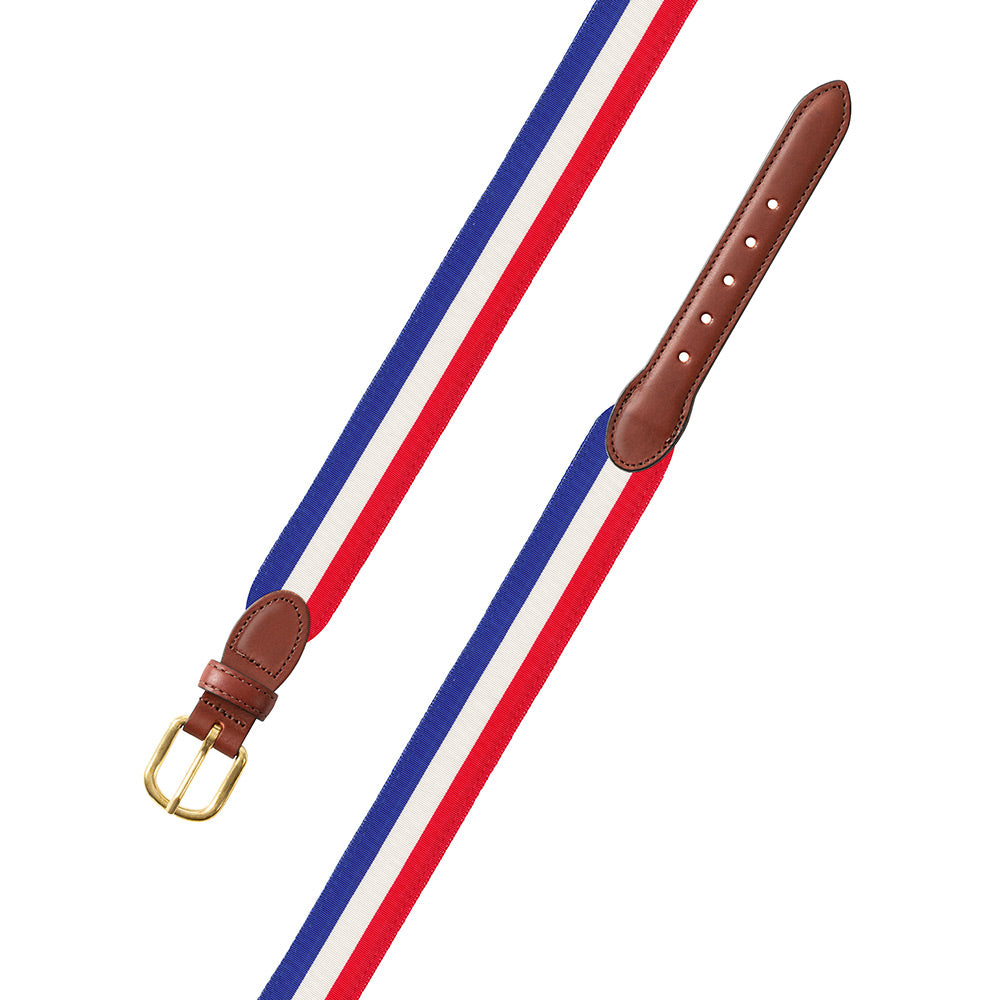 Red, White &amp; Blue Grosgrain Ribbon Leather Tab Belt