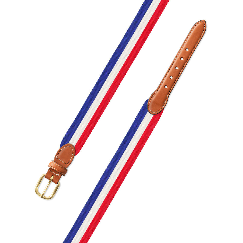 Red, White &amp; Blue Grosgrain Ribbon Leather Tab Belt