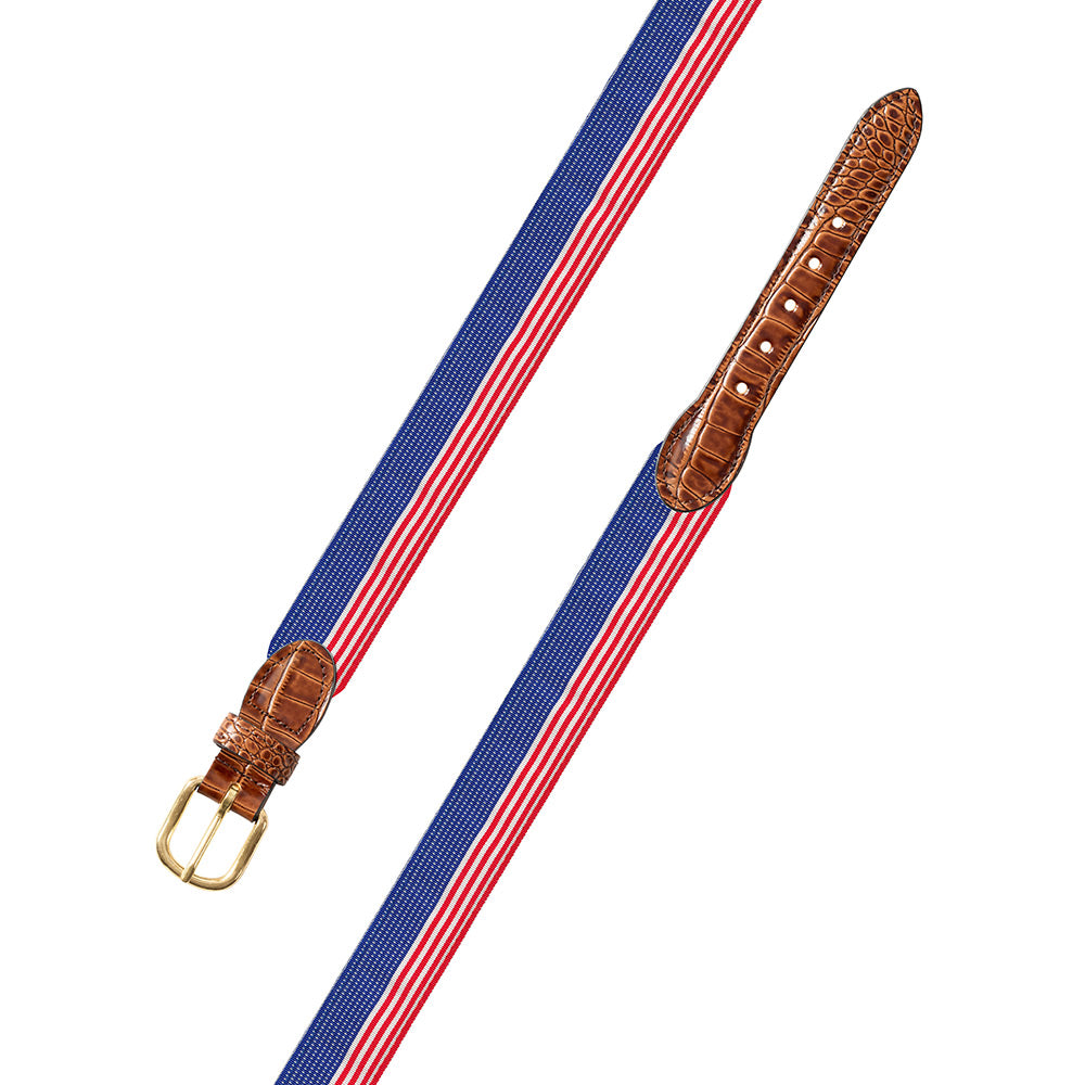 Flag Pattern Grosgrain Ribbon Leather Tab Belt