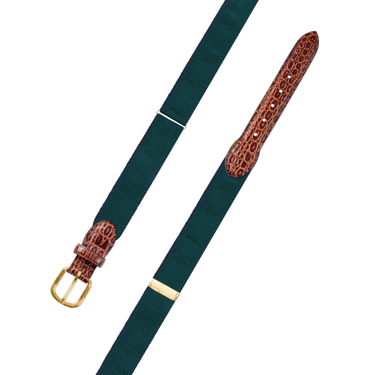 Adjustable Green &amp; Navy Grosgrain Belt with Embossed Calf Tabs