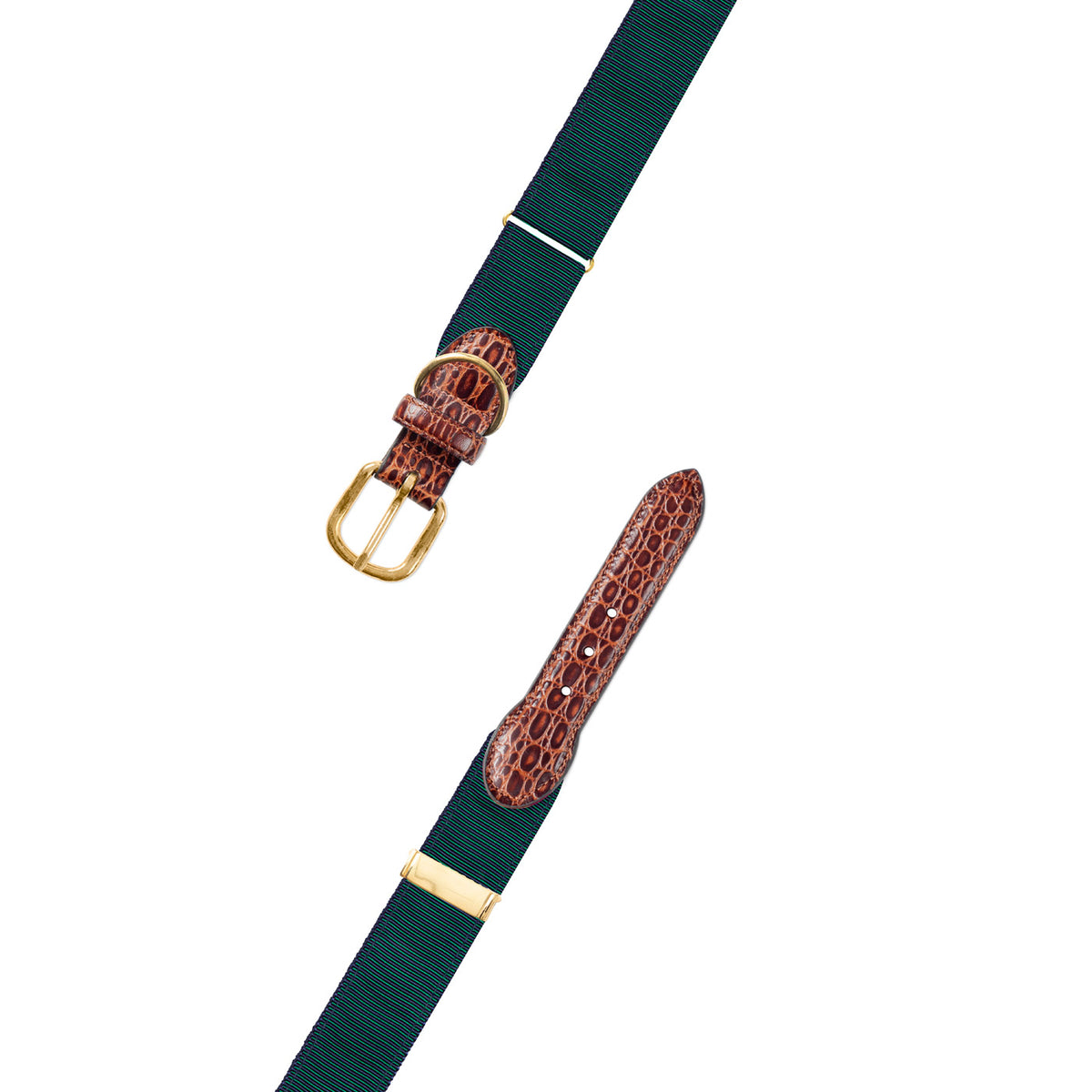 Adjustable Green &amp; Navy Grosgrain Dog Collar with Embossed Calf Tabs
