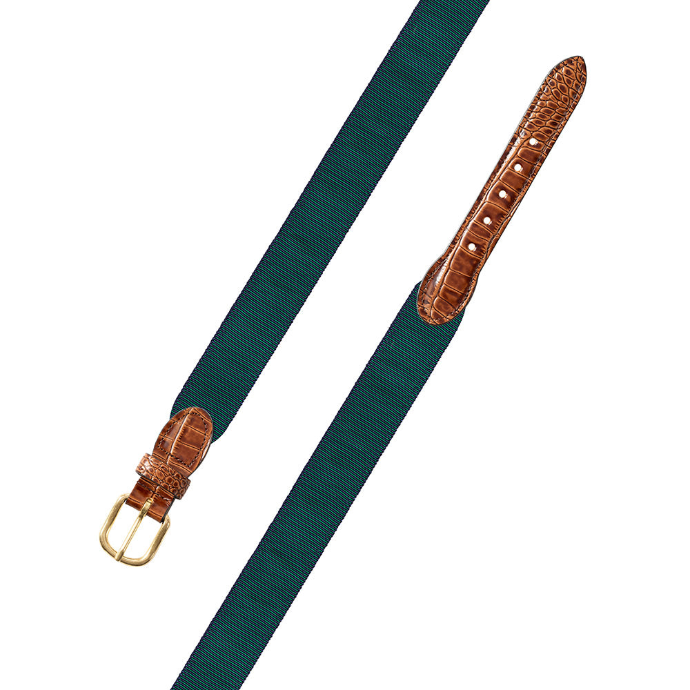 Green &amp; Navy Grosgrain Ribbon Leather Tab Belt