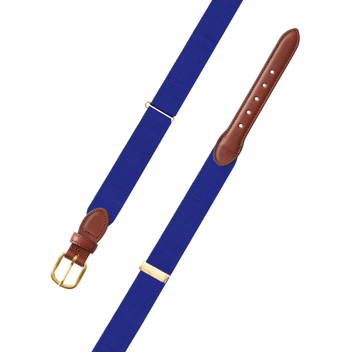 Adjustable Royal Blue Grosgrain Belt with Brown Leather Tabs