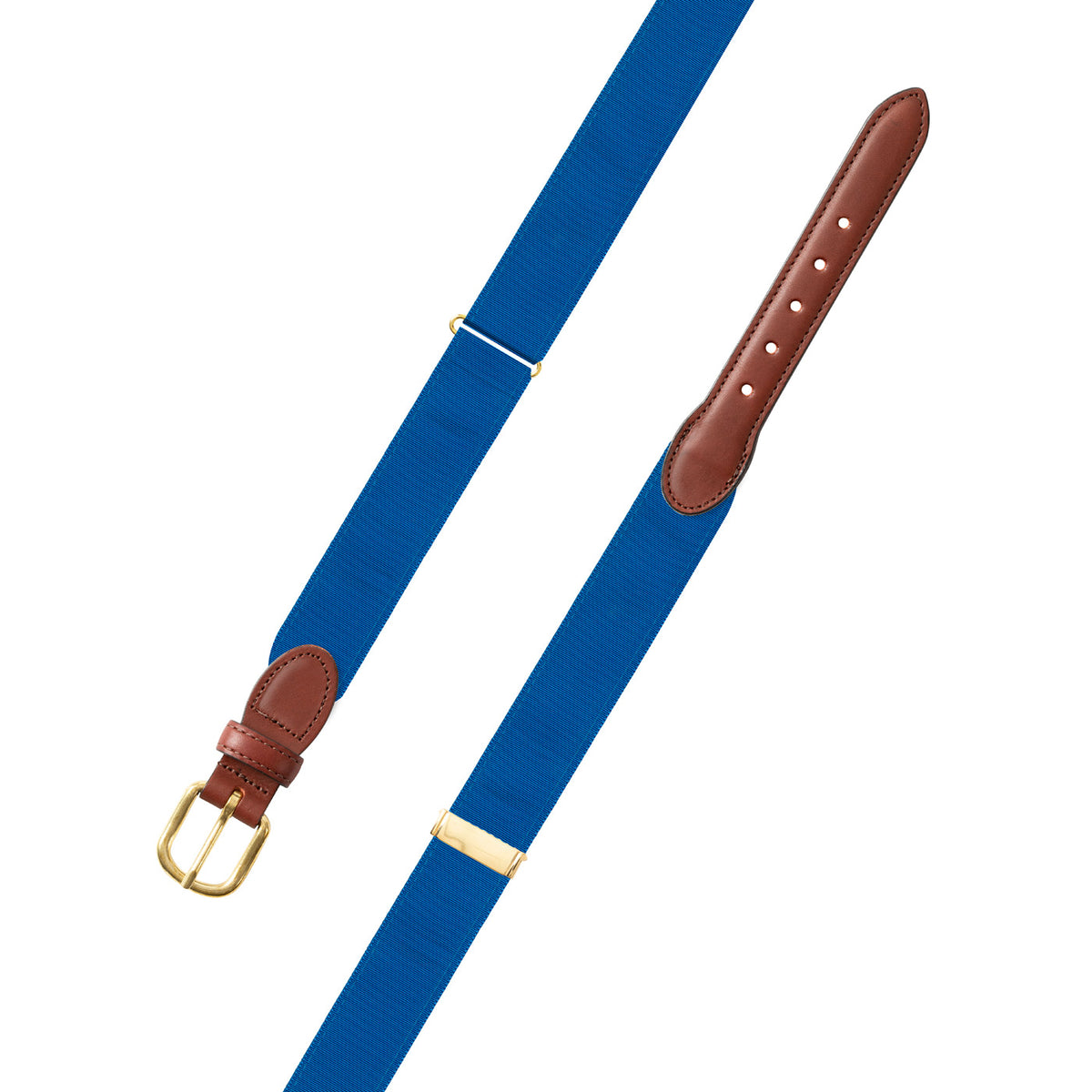 Adjustable Blue Grosgrain Belt with Brown Leather Tabs