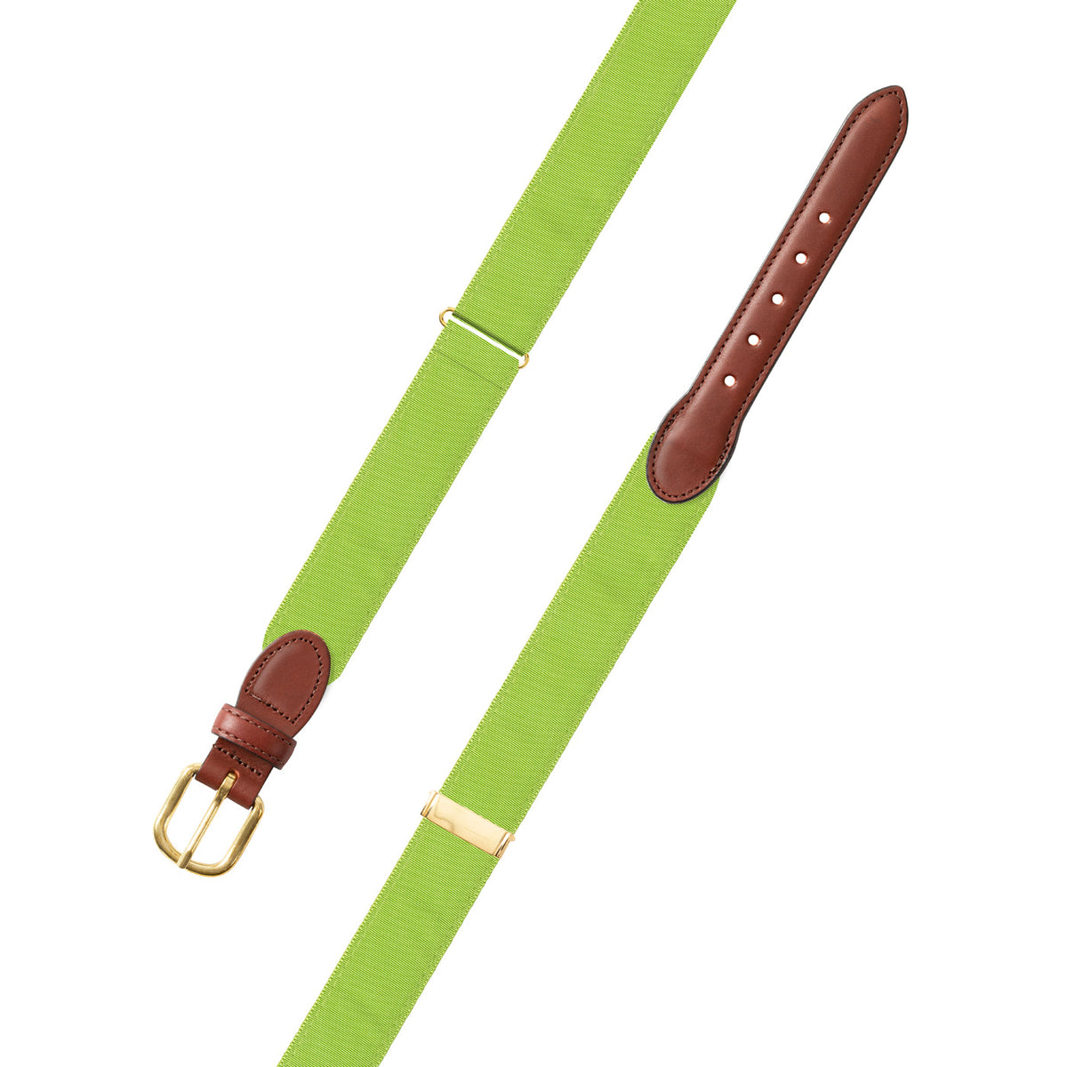 Adjustable Grass Green Grosgrain Belt with Brown Leather Tabs
